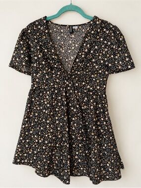 H&M Divided Black Floral Tie Front Puff Sleeve Mini Dress M NWOT